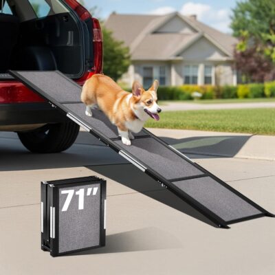 PATHOSIO PETS Portable Dog Ramp for Car – Foldable Dog Car Ramp for Truck, SUV, High Bed & Sofa with Anti-Slip Feet & Traction Carpet – Small to Large Breeds (71" Long & 17" Wide)